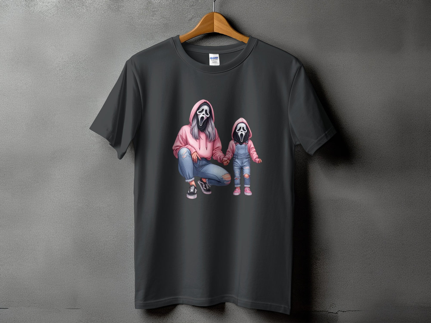 Ghostface mother and child graphic on a dark grey t-shirt.