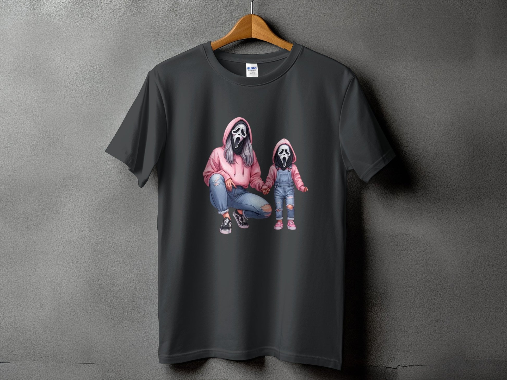Ghostface mother and child graphic on a dark grey t-shirt.
