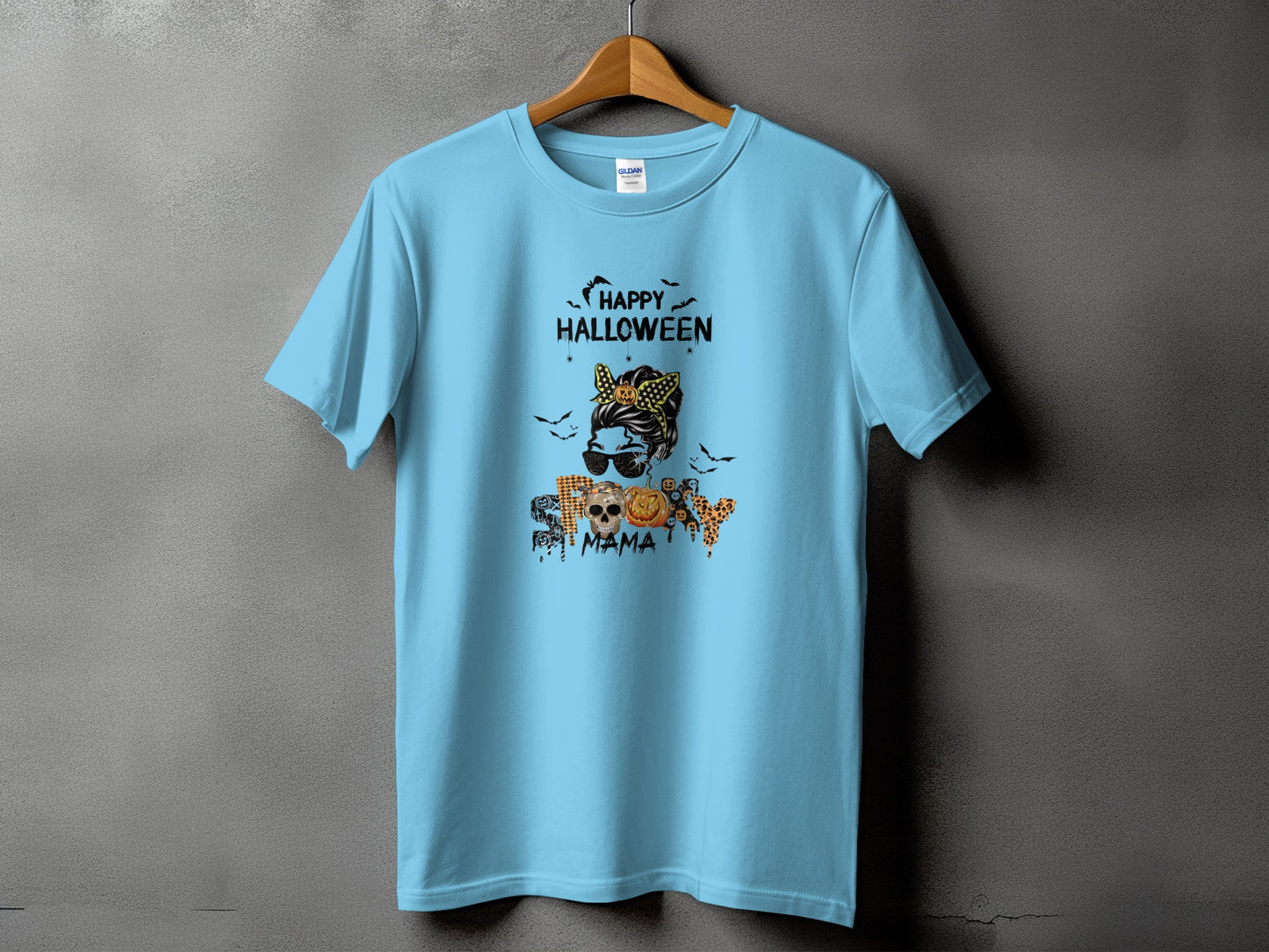 Light blue t-shirt with "Happy Halloween Spooky Mama" text and Halloween graphics.
