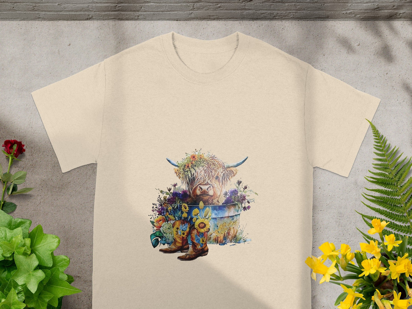 Adorable Highland Cow with Flowers Graphic T-Shirt