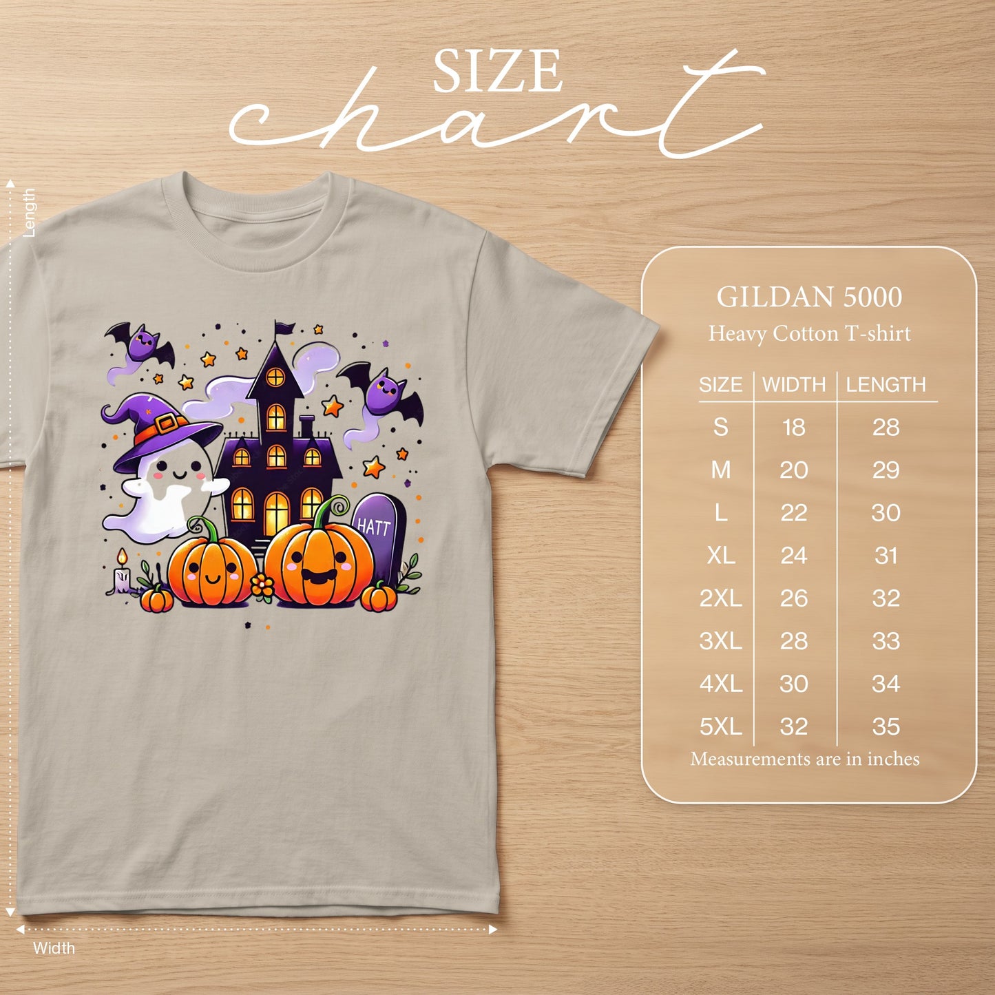 T-shirt with Halloween ghost, pumpkins, bats, and haunted house graphic, and size chart.