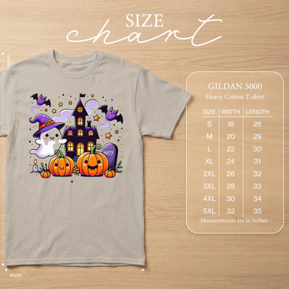 T-shirt with Halloween ghost, pumpkins, bats, and haunted house graphic, and size chart.