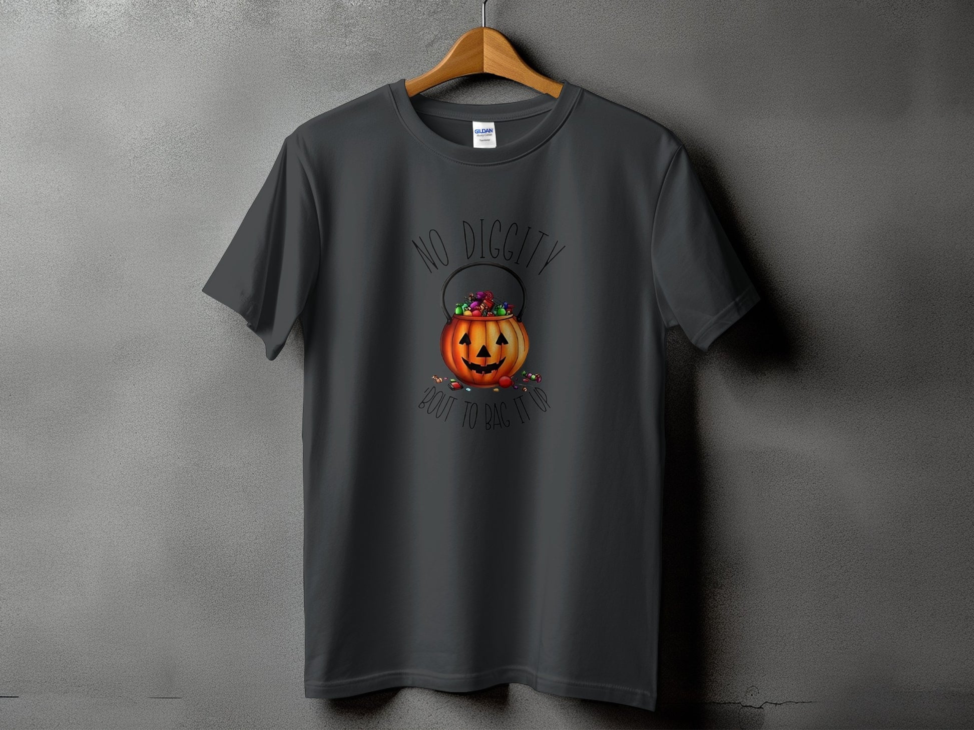 Dark grey t-shirt with "No Diggity Bout to Bag It Up" and a jack-o'-lantern candy bucket.