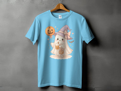 Light blue t-shirt with a cartoon ghost wearing a witch hat and holding a pumpkin balloon.