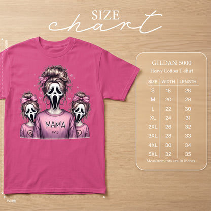 Pink t-shirt with Scream mask graphic, "MAMA" text, and Gildan 5000 size chart.