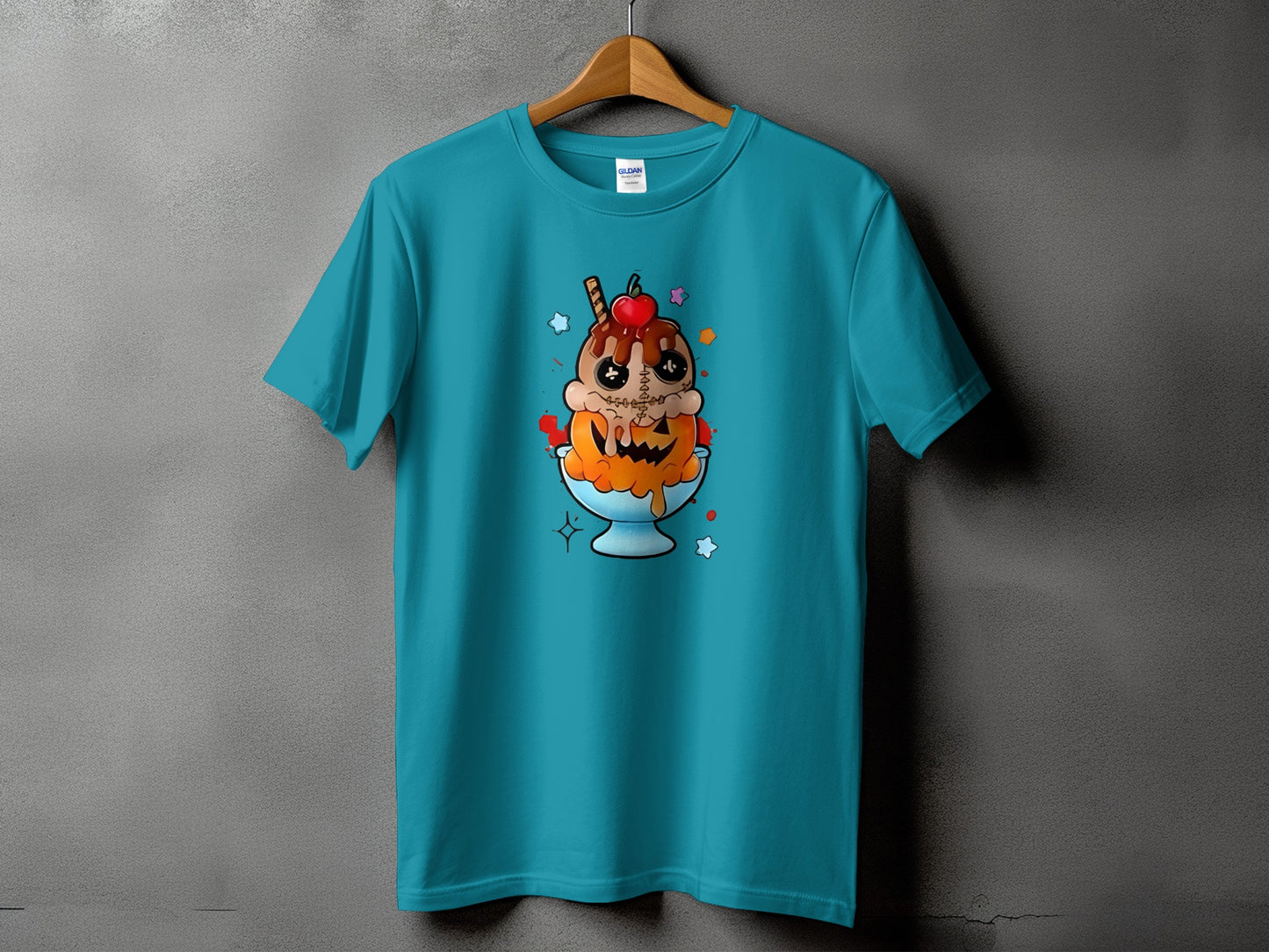 Teal t-shirt with a Halloween-themed ice cream sundae graphic.