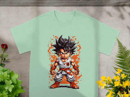 Goku in anime style on a light green t-shirt with orange accents.