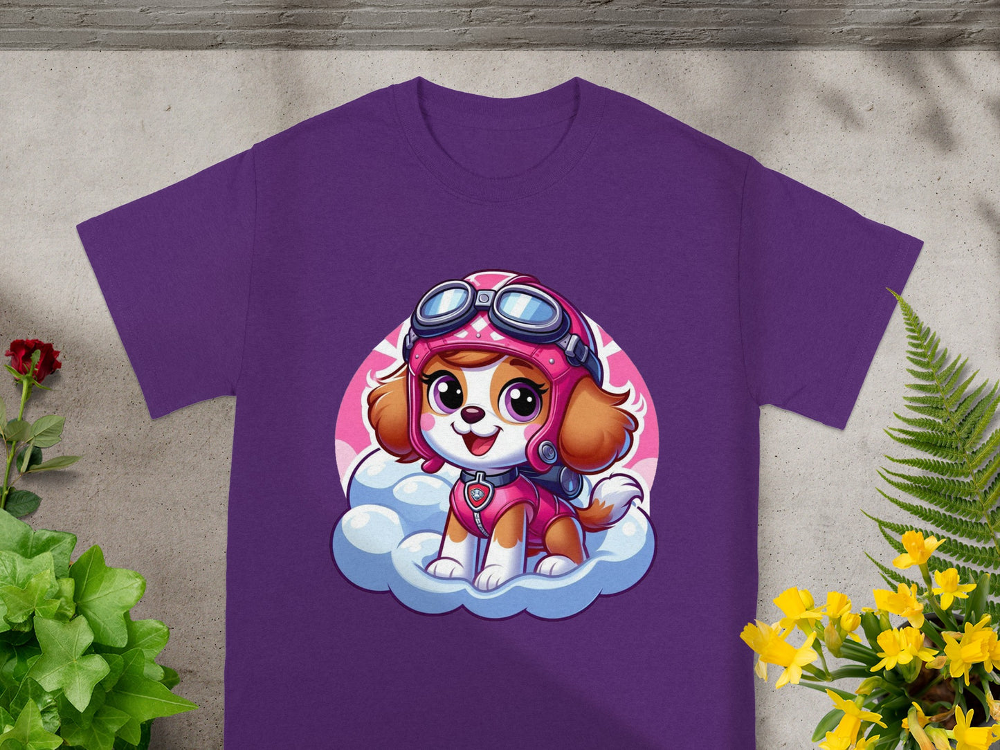 Purple t-shirt with cartoon Skye from Paw Patrol sitting on a cloud.