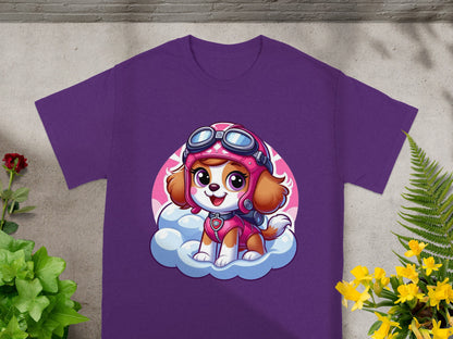 Purple t-shirt with cartoon Skye from Paw Patrol sitting on a cloud.