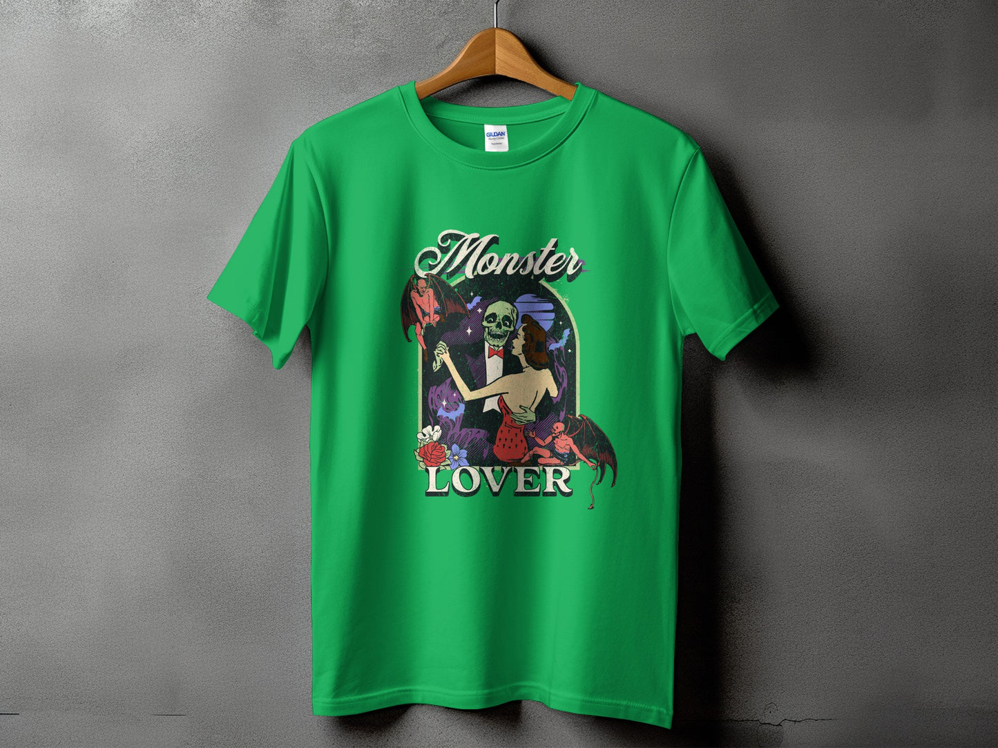 Green t-shirt with "Monster Lover" text and a gothic illustration.