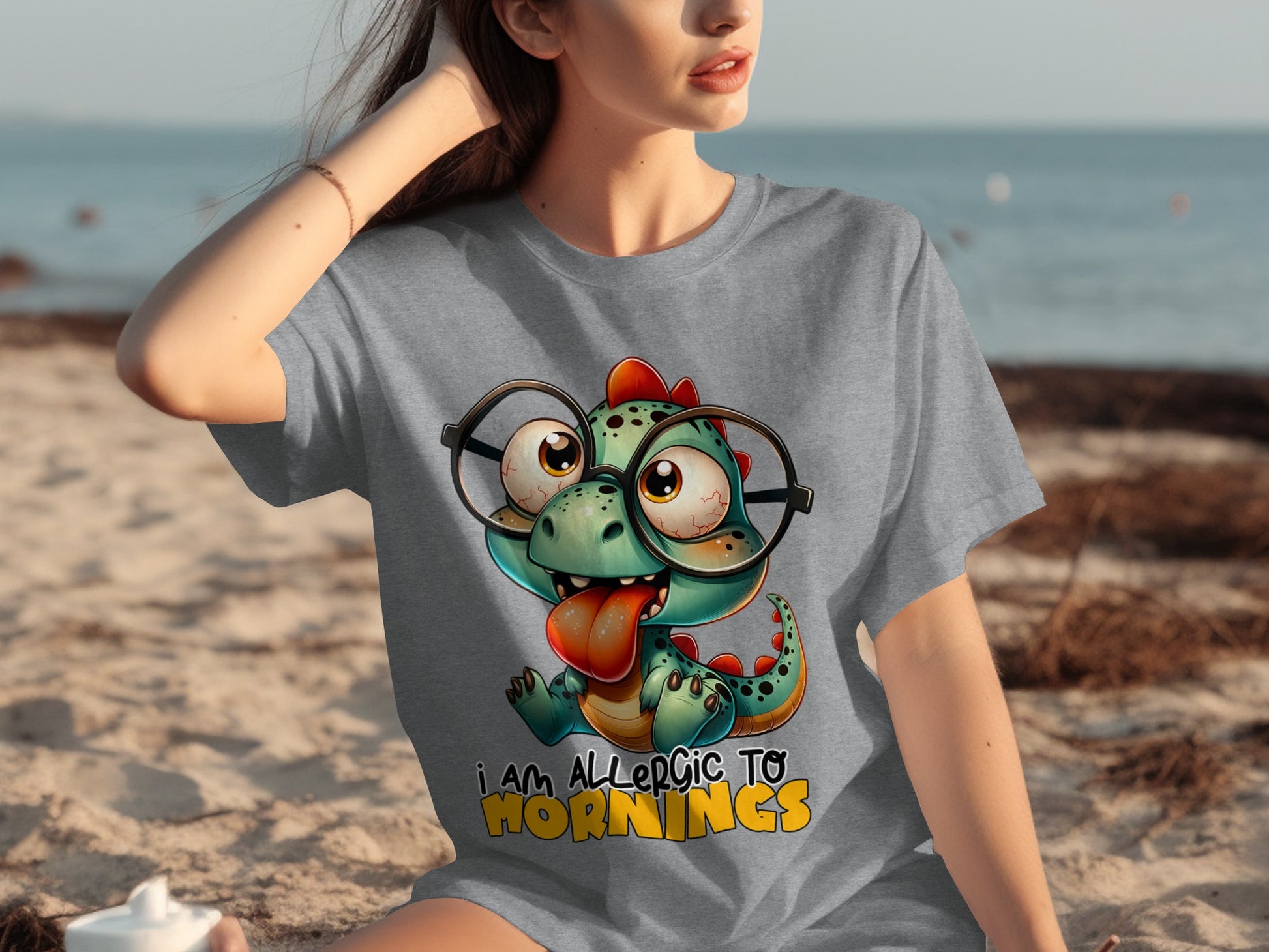 Funny Cartoon Dinosaur T-Shirt I Am Allergic To Mornings