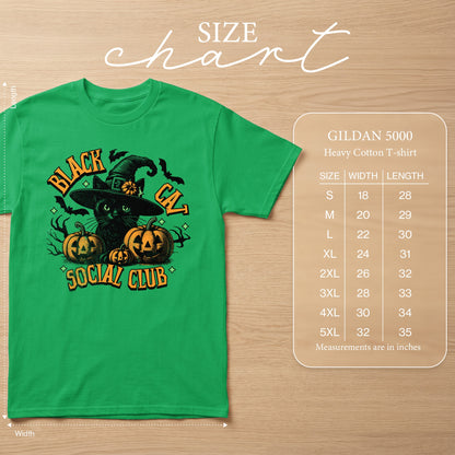 Green t-shirt with black cat, witch hat, pumpkins, bats, and "Black Cat Social Club" text.