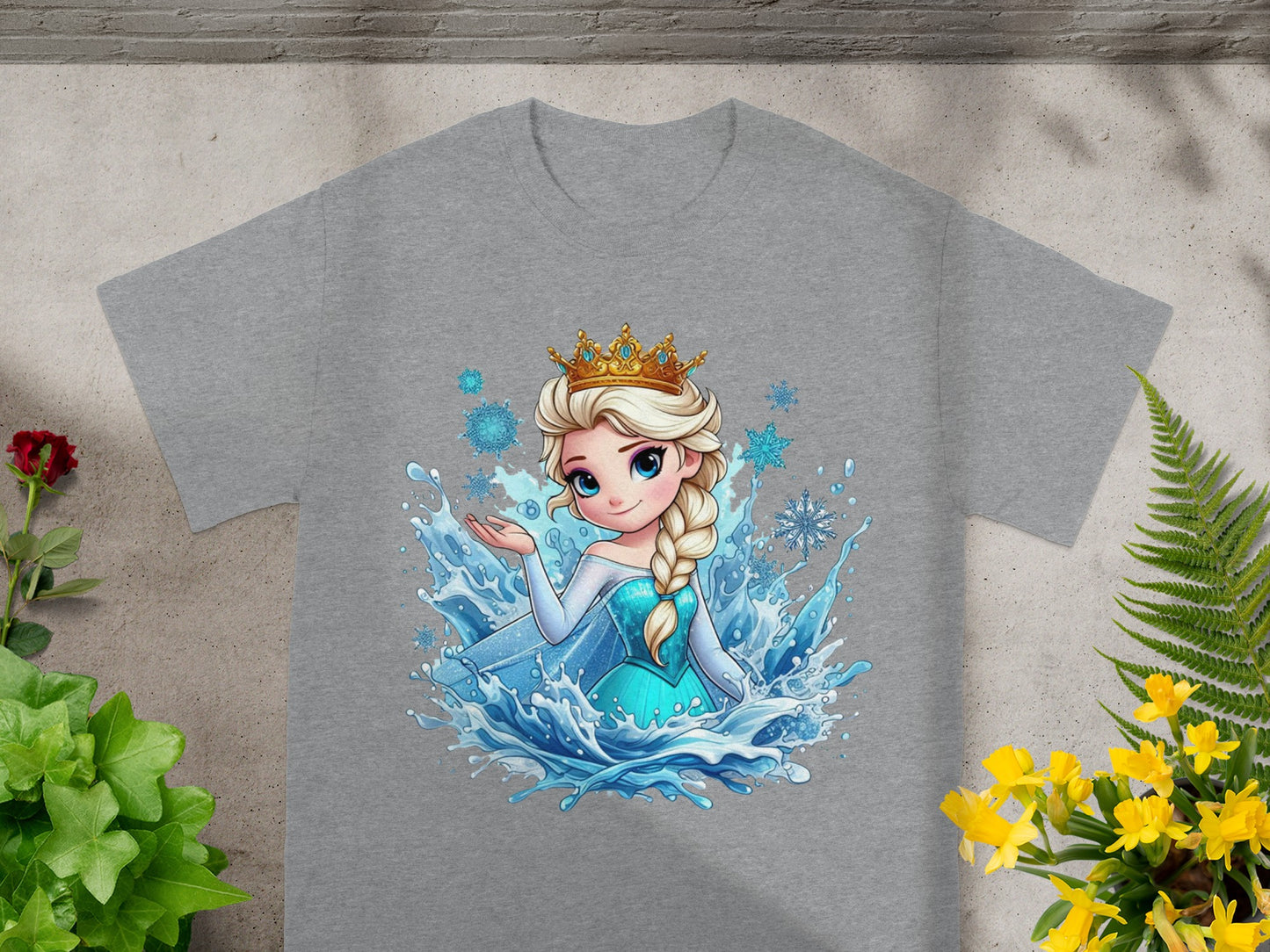 Gray t-shirt with Elsa from Frozen surrounded by ice and water.