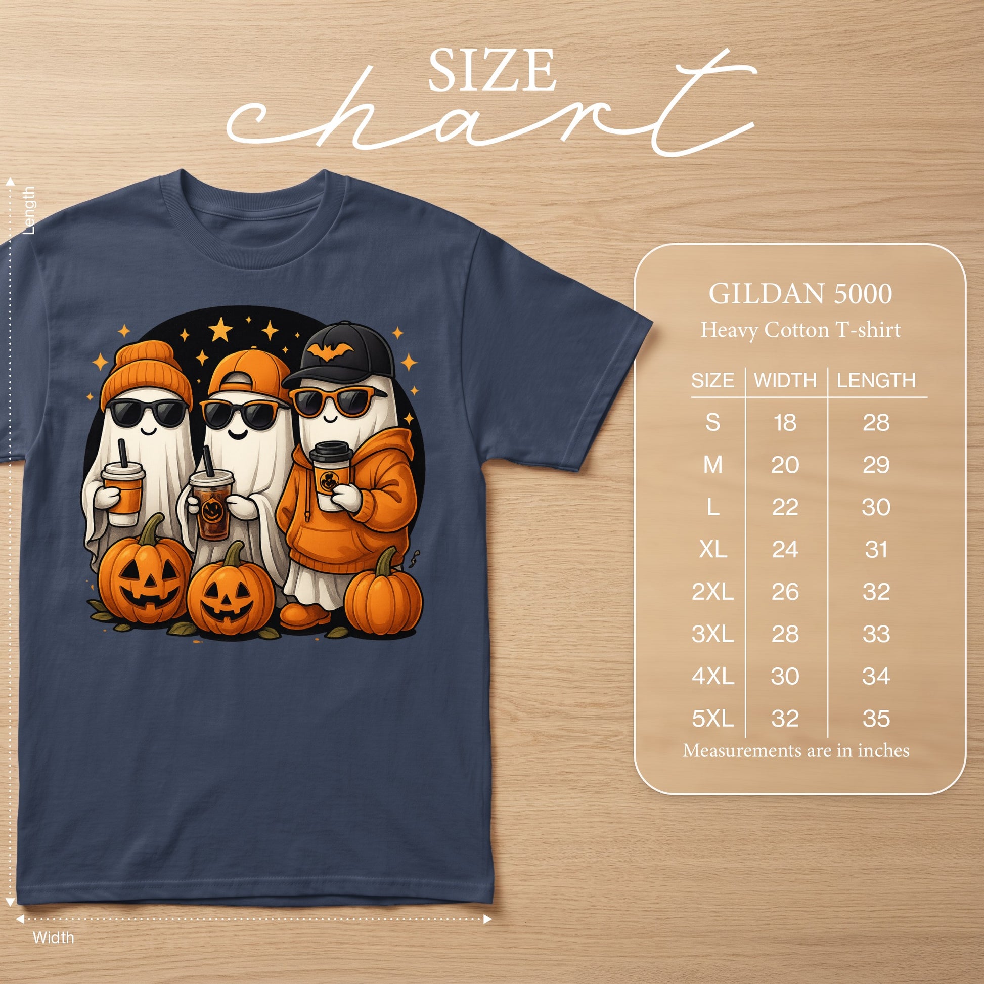 Three ghosts in Halloween costumes with pumpkins and drinks, size chart included.