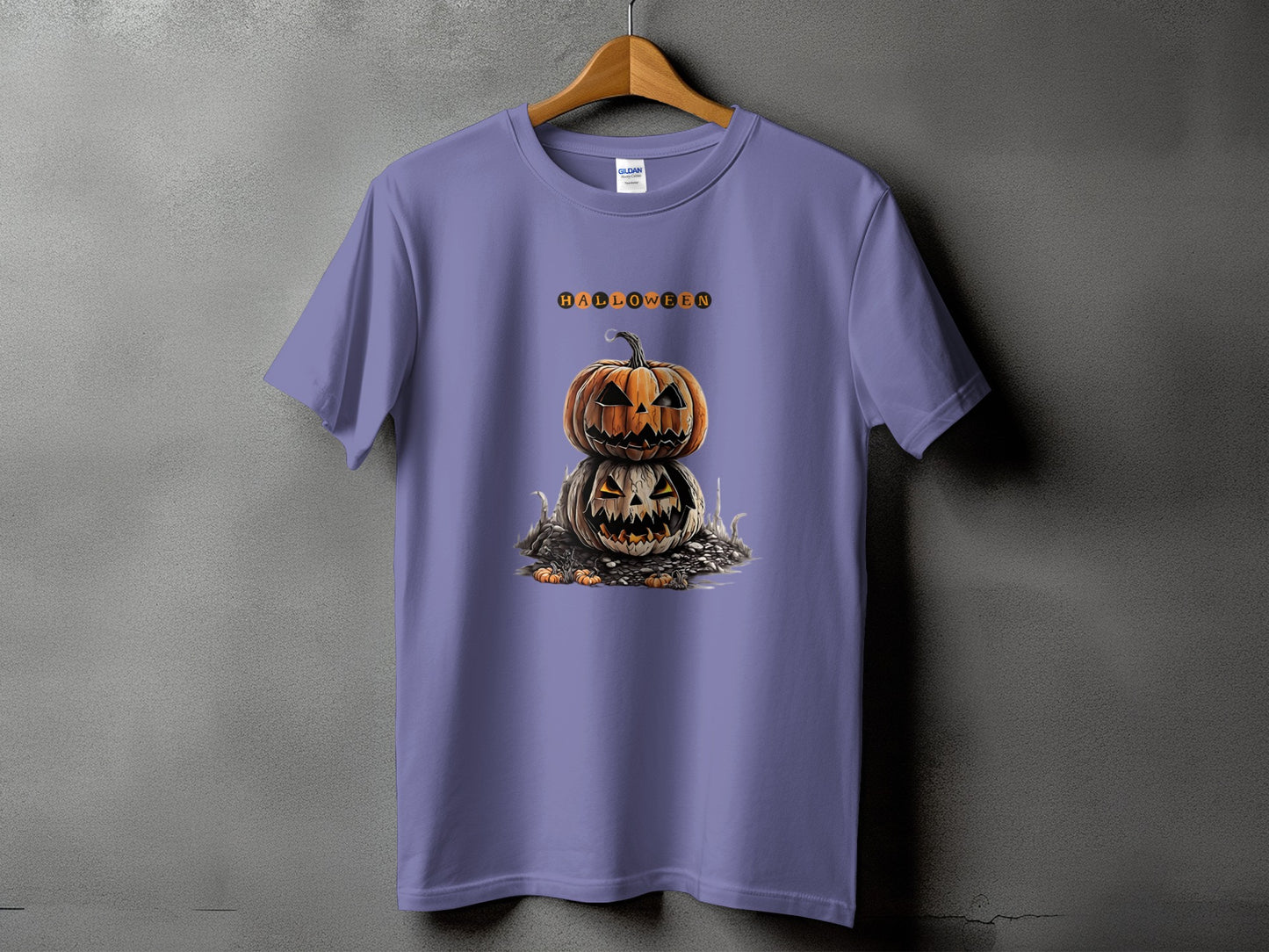 Purple t-shirt with stacked Jack-o'-lanterns and the word "HALLOWEEN".