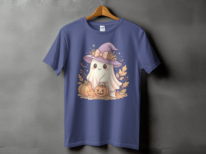 Ghost with witch hat and pumpkins design on a purple t-shirt.