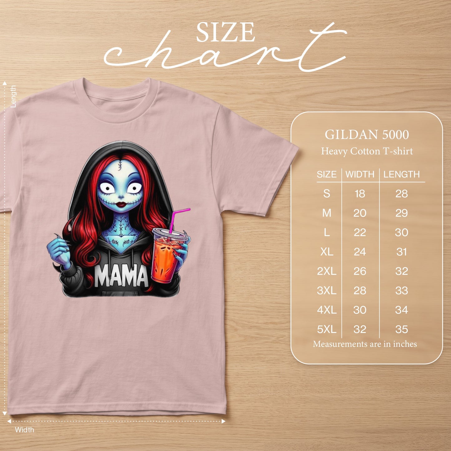 Gildan 5000 Heavy Cotton T-shirt with cartoon character and "MAMA" graphic.