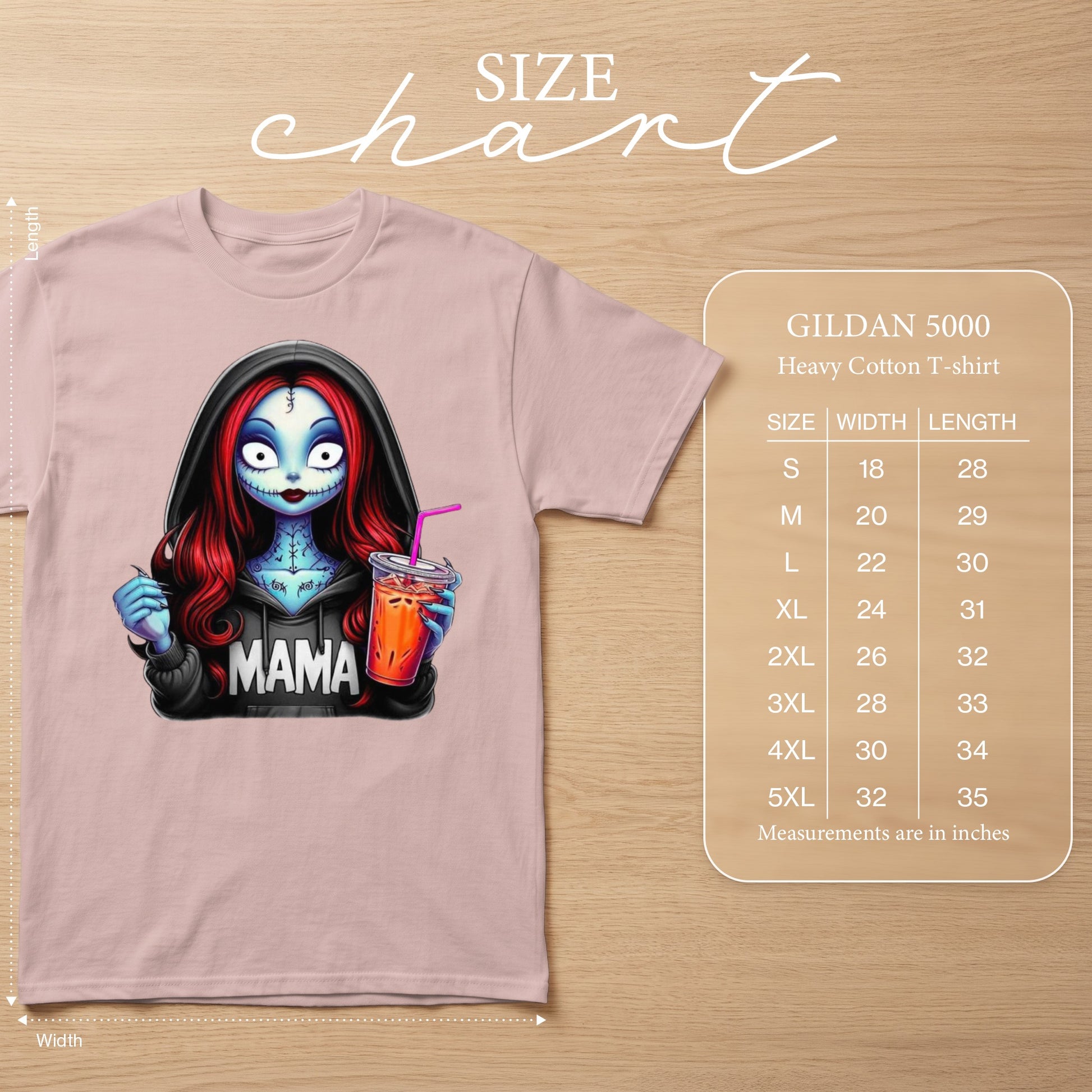 Gildan 5000 Heavy Cotton T-shirt with cartoon character and "MAMA" graphic.