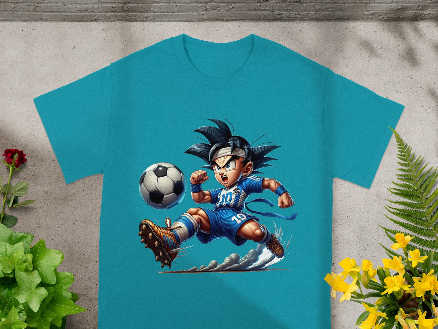 Goku in a blue soccer uniform kicking a soccer ball, t-shirt design.