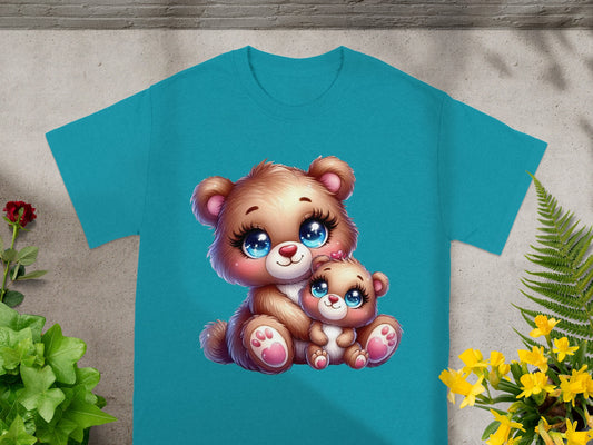 Cute Mommy and Baby Bear Design on Blue T-shirt