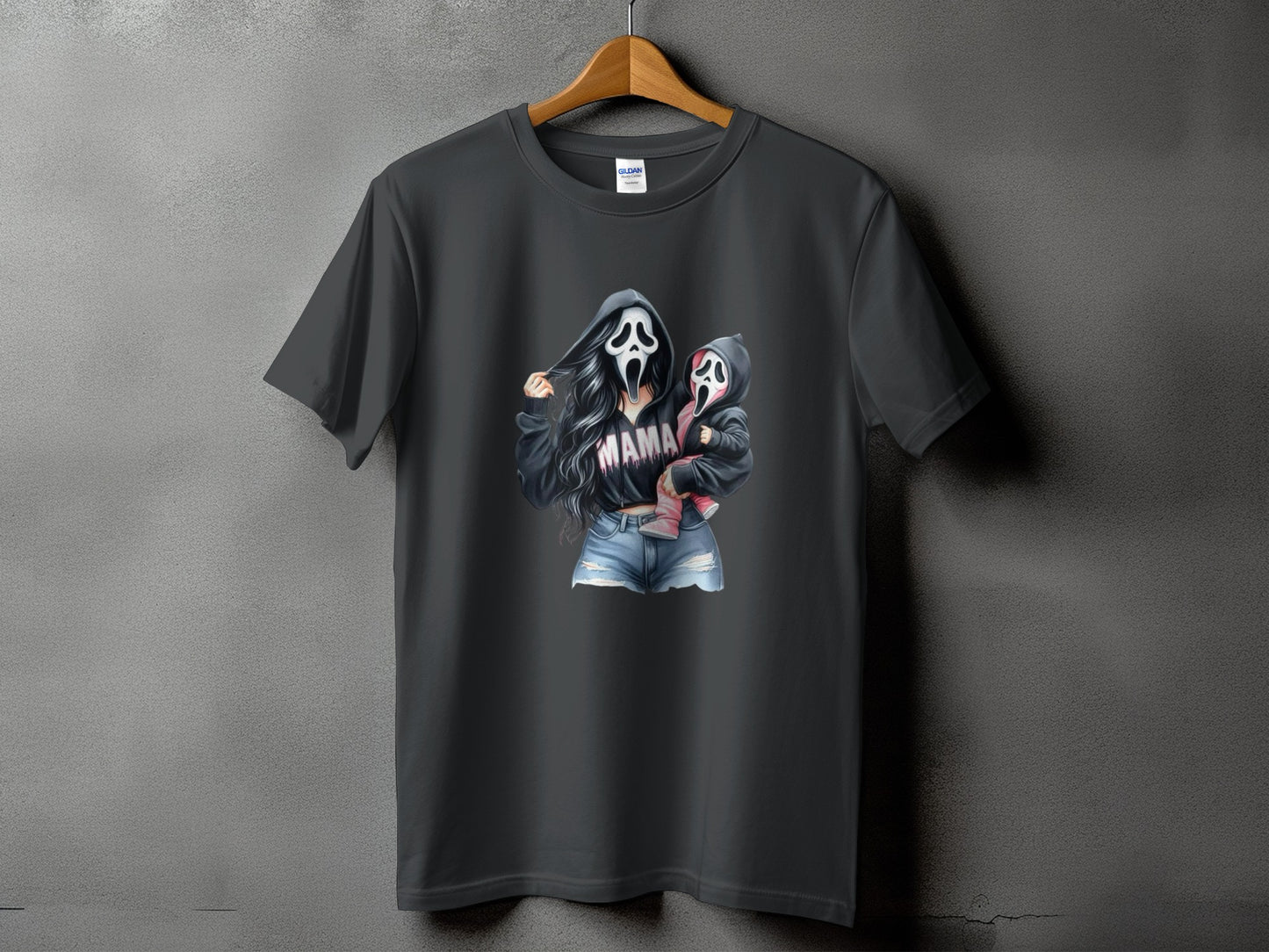 Dark gray t-shirt with graphic of two figures in ghost masks, "MAMA" text.