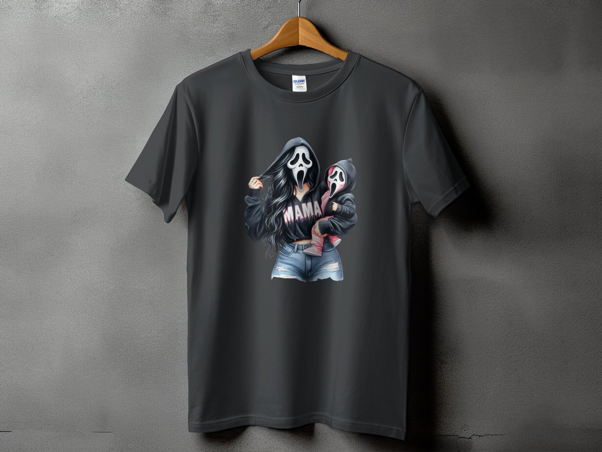 Dark gray t-shirt with graphic of two figures in ghost masks, "MAMA" text.