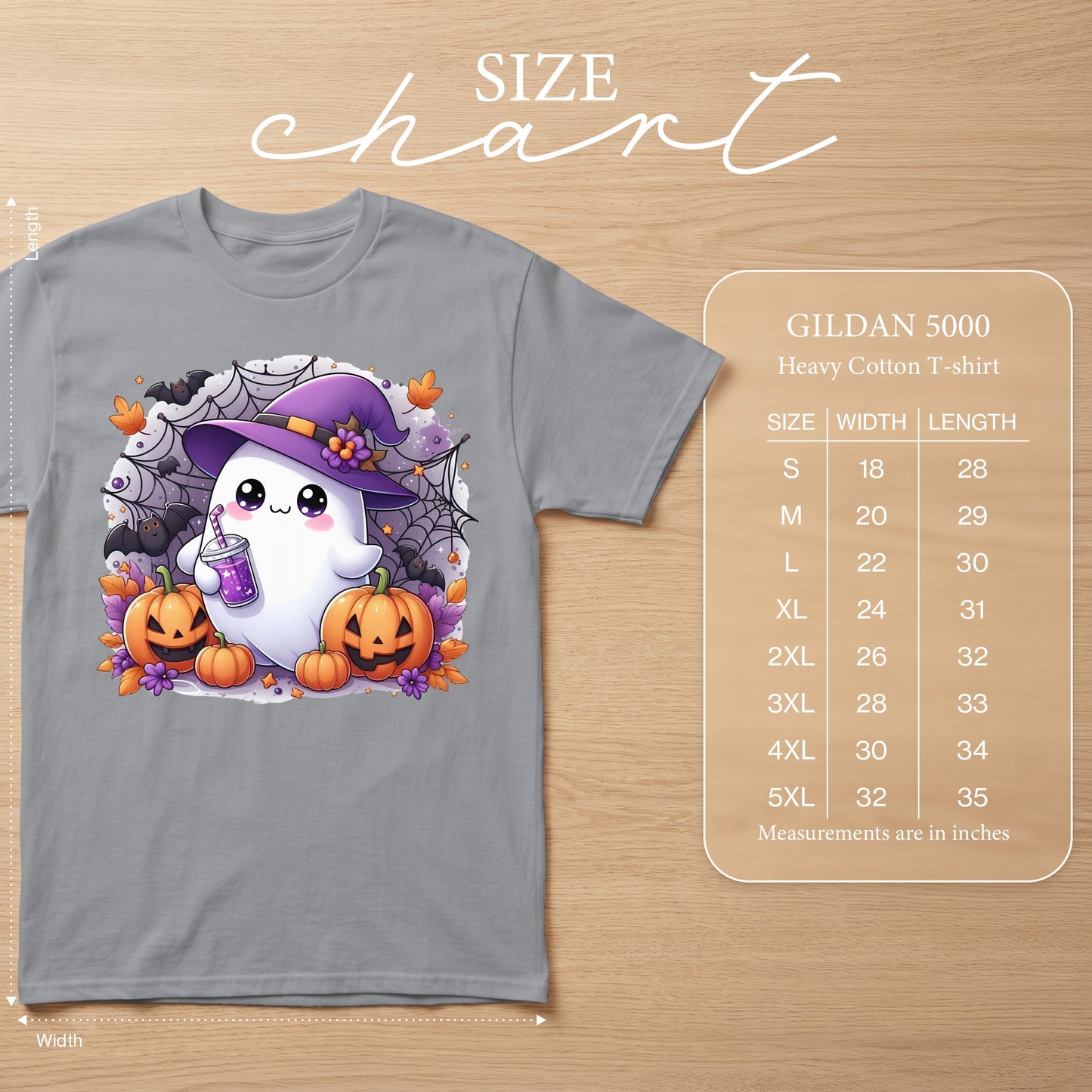 Gildan 5000 Heavy Cotton t-shirt size chart with ghost, pumpkins, and bats graphic.
