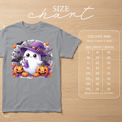 Gildan 5000 Heavy Cotton t-shirt size chart with ghost, pumpkins, and bats graphic.