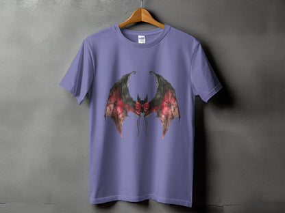 Purple t-shirt with a detailed gothic bat wing design and a red bow.