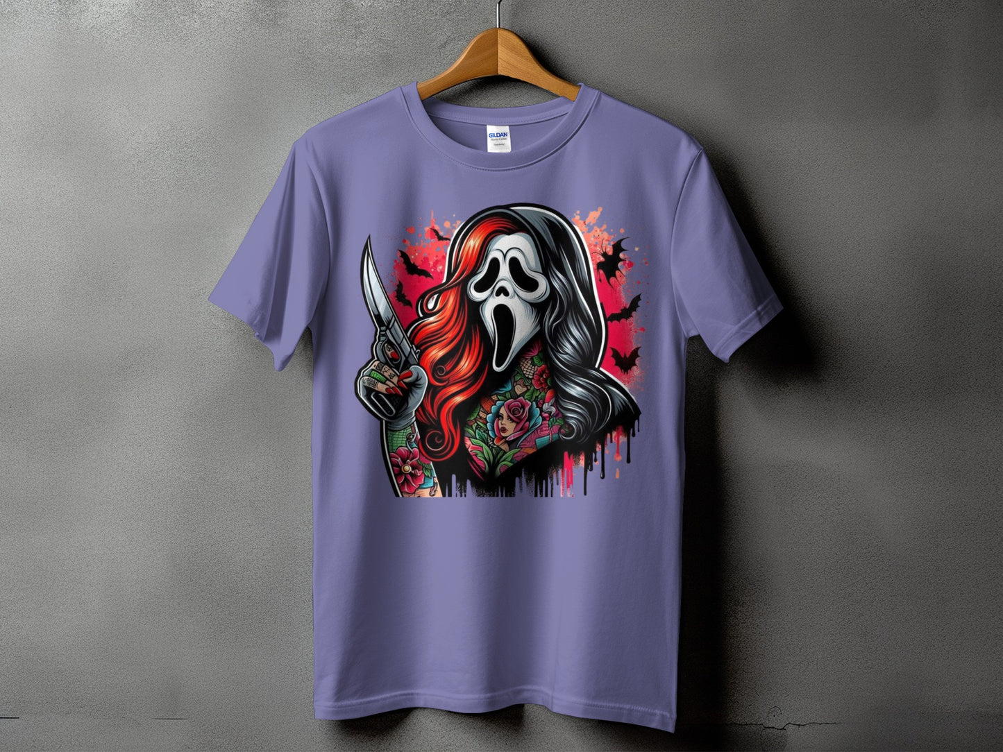Ghostface mask character with tattoos and a knife on a purple t-shirt.