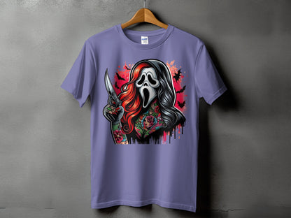 Ghostface mask character with tattoos and a knife on a purple t-shirt.