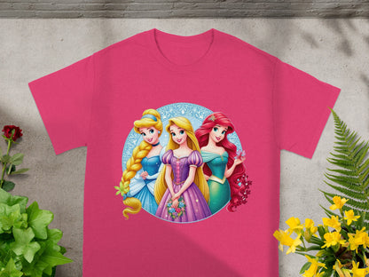 Pink t-shirt with Cinderella, Belle, and Ariel from Disney's The Little Mermaid.