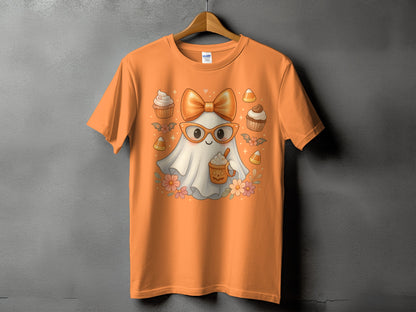 Orange t-shirt with a Halloween ghost graphic wearing glasses and holding a coffee cup.