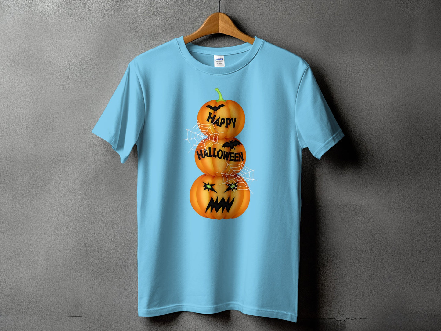 Light blue t-shirt with stacked pumpkins and "Happy Halloween" text.
