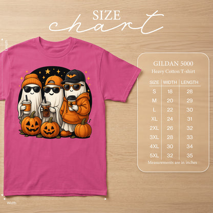 Halloween ghosts with pumpkins and coffee, Gildan 5000 size chart.