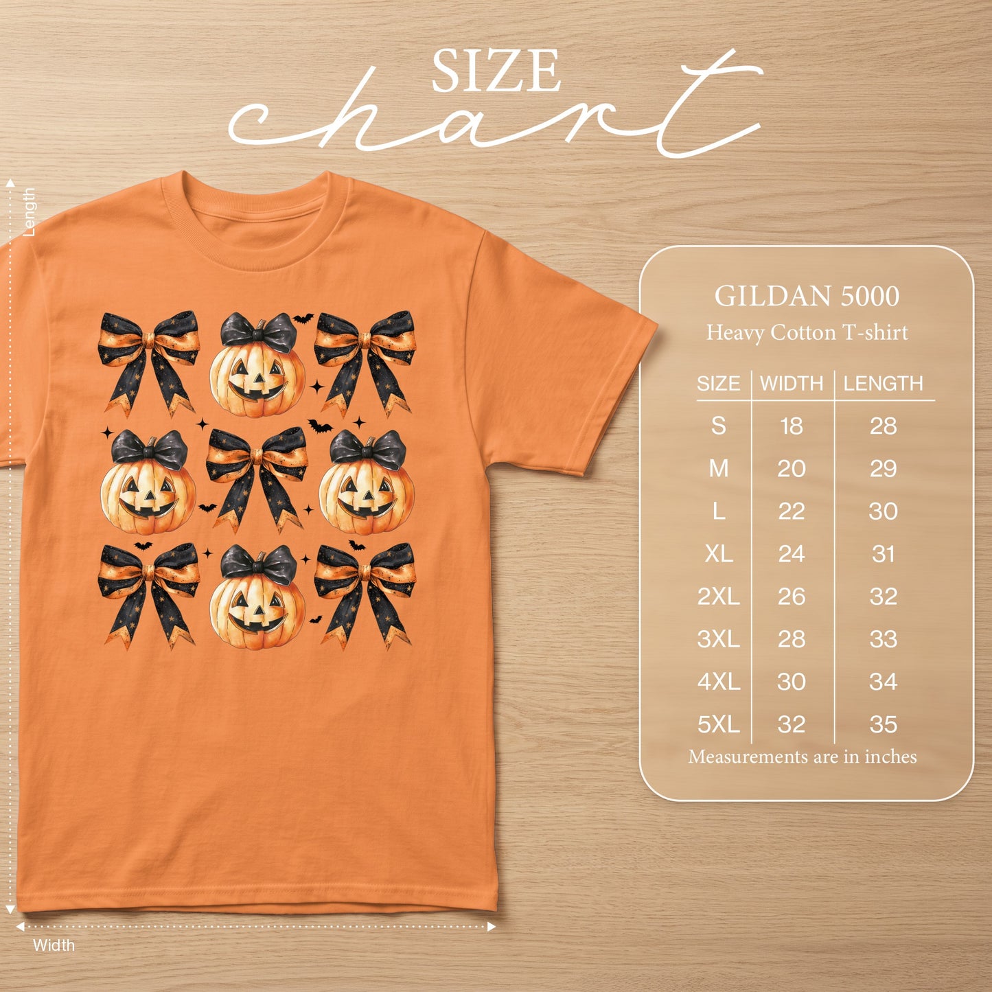 Orange t-shirt with jack-o-lantern and bow graphic and GILDAN 5000 size chart.