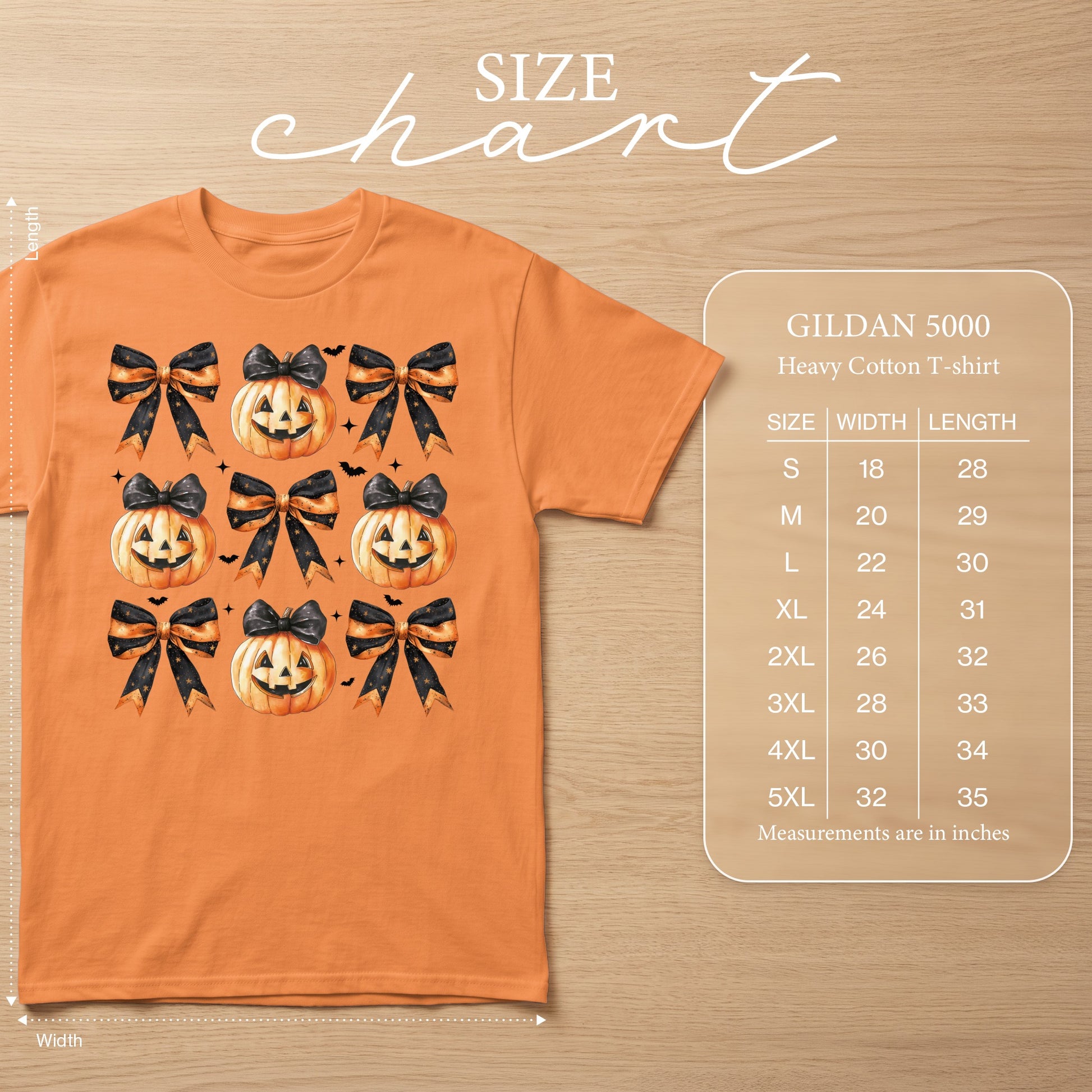 Orange t-shirt with jack-o-lantern and bow graphic and GILDAN 5000 size chart.