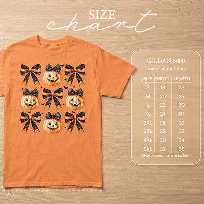 Orange t-shirt with jack-o-lantern and bow graphic and GILDAN 5000 size chart.