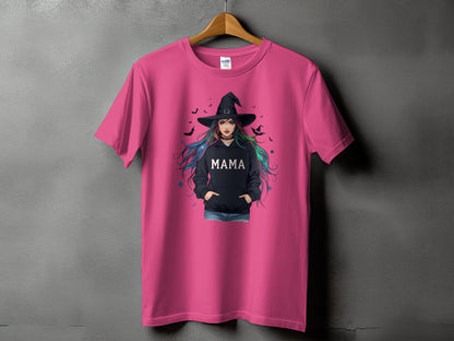 Pink t-shirt with witch graphic and "MAMA" text.