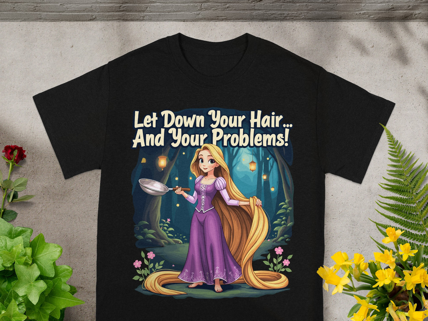 Rapunzel in purple dress with long blonde hair and frying pan, "Let Down Your Hair... And Your Problems!"