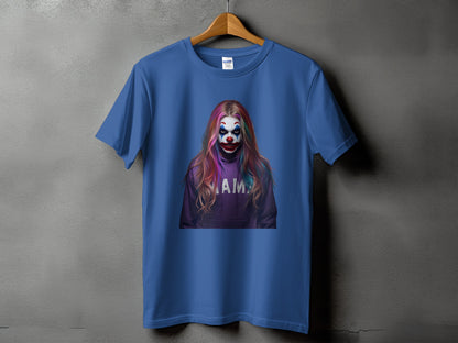 Blue t-shirt with graphic of a woman with clown makeup and "MAMA" on hoodie.