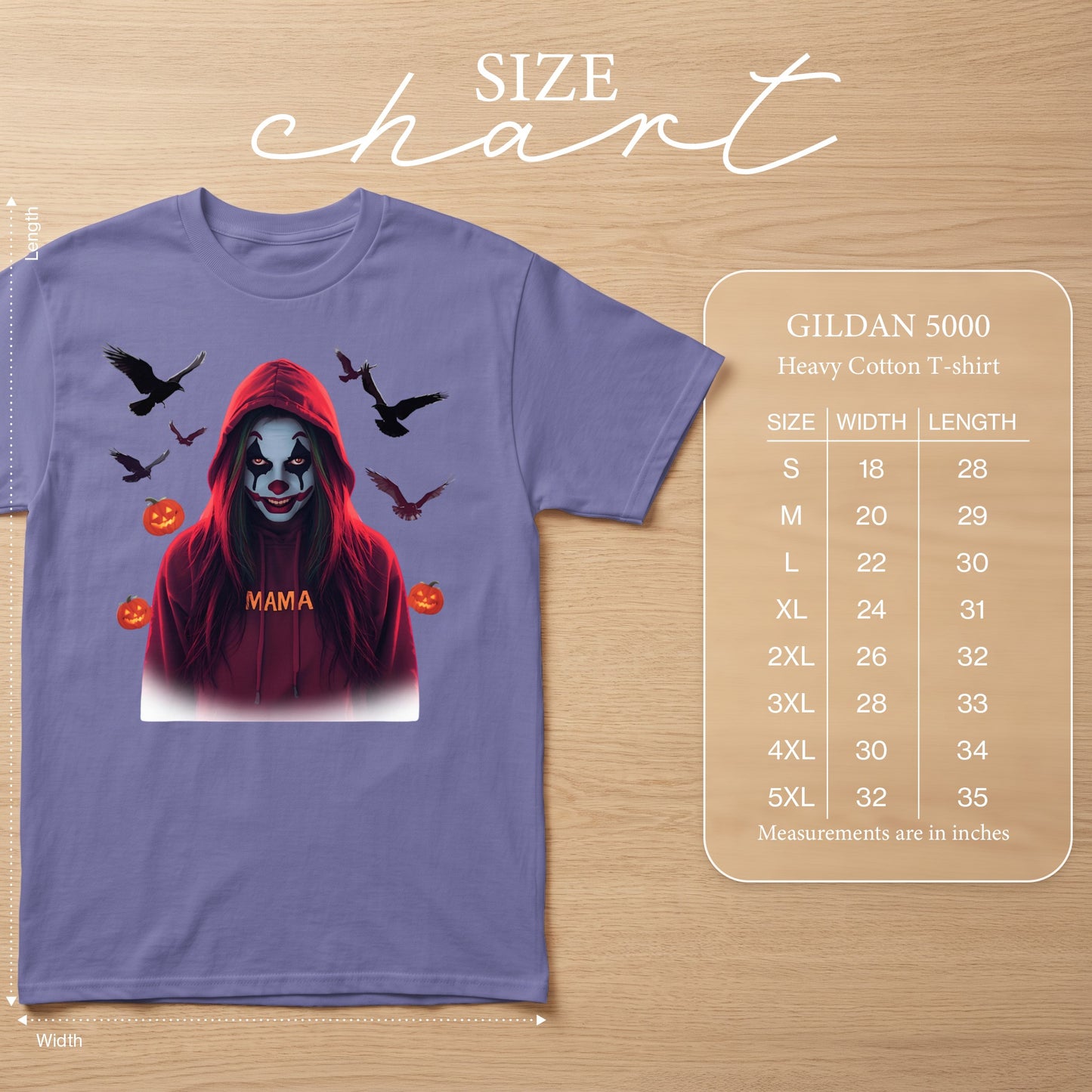 Purple t-shirt with clown design, birds, pumpkins, and "MAMA" text. Includes size chart.