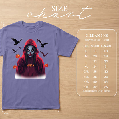 Purple t-shirt with clown design, birds, pumpkins, and "MAMA" text. Includes size chart.