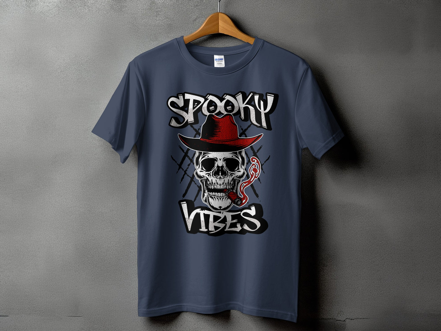 T-shirt with skull, hat, cigar graphic and "Spooky Vibes" text.