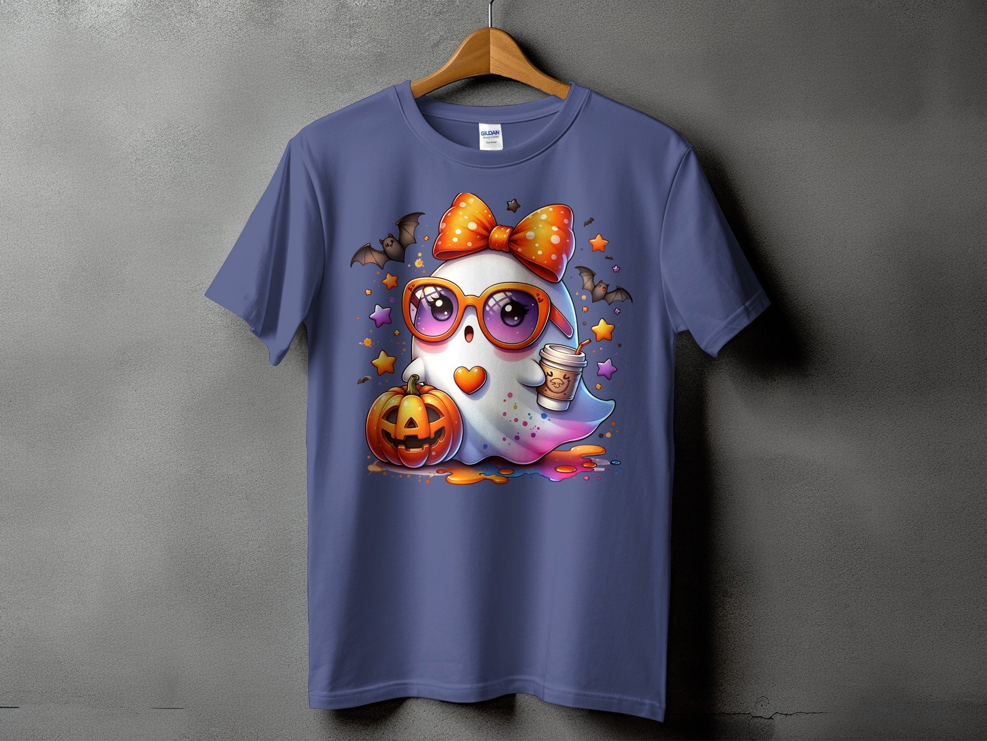 Halloween ghost with pumpkin and coffee, wearing orange glasses and bow.