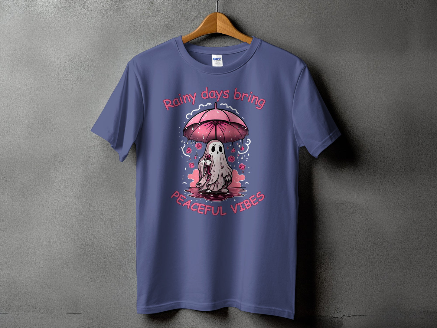 Ghost with umbrella and roses, text: Rainy days bring peaceful vibes.
