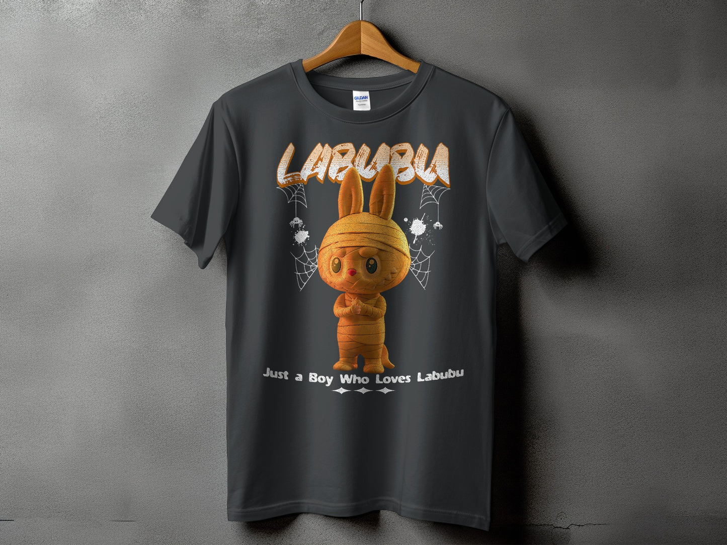 Dark grey t-shirt with "LABUBU" text and a mummy bunny graphic.