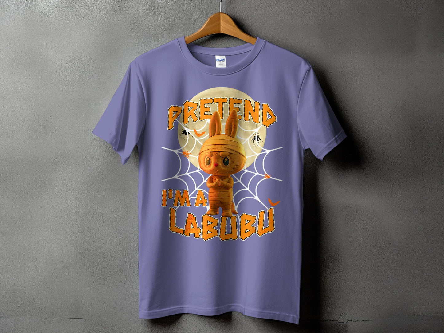 Purple t-shirt with "PRETEND I'M A LABUBU" text and mummy bunny graphic.