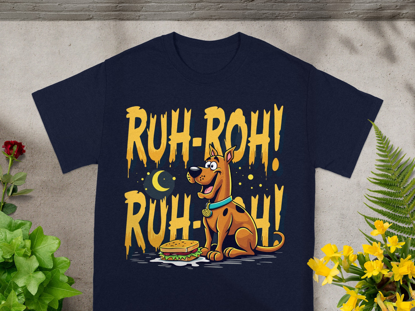 Scooby-Doo with a sandwich and "Ruh-Roh!" text on a navy t-shirt.