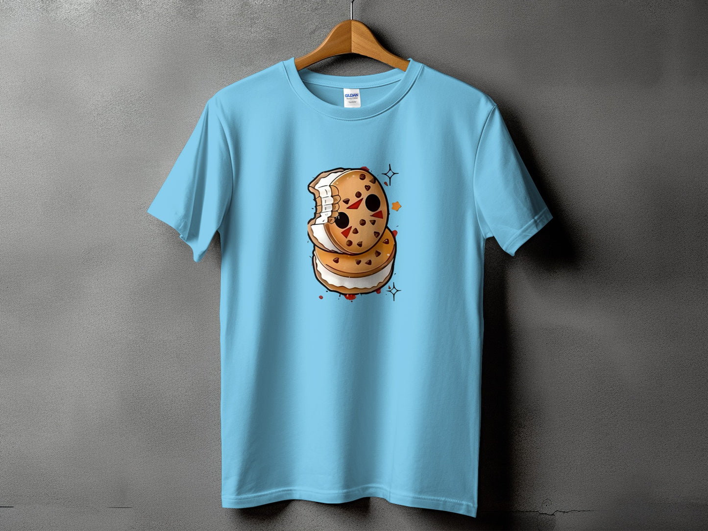 Light blue t-shirt with a cartoon ice cream sandwich graphic wearing a hockey mask.